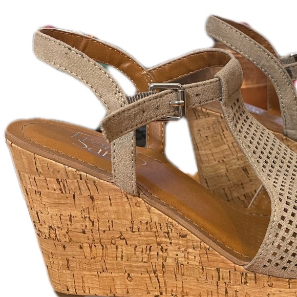 FRANCO SARTO CLINTON TAUPE SLING BACK PLATFORM CORK WEDGE LEATHER SUEDE CUTOUT - Picture 5 of 8